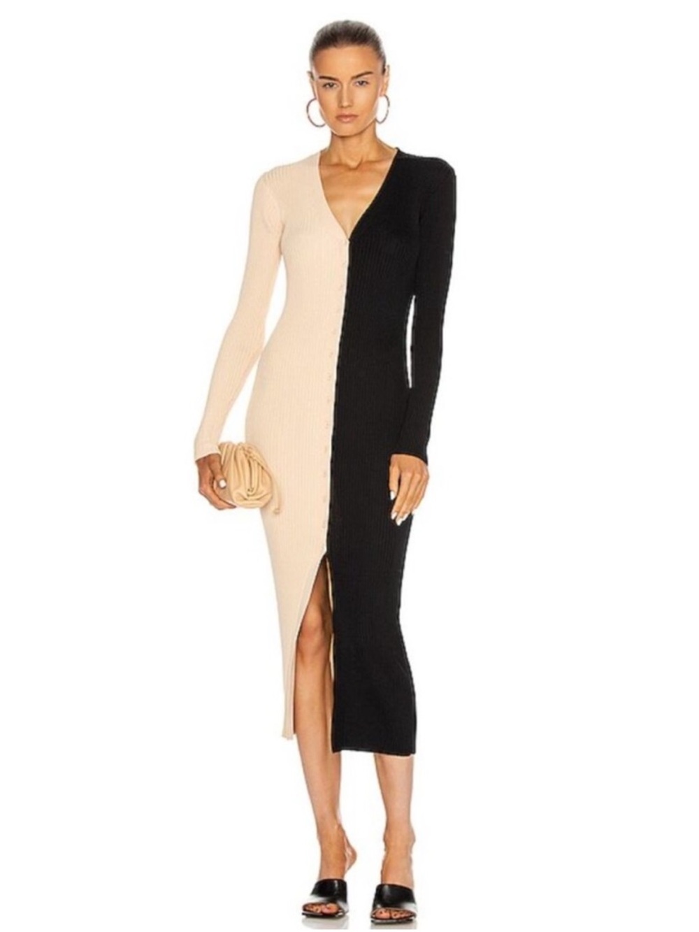 STAUD Two-Tone Ribbed Button-Front Maxi Cardigan Dress in Beige & Black-NWT XS
